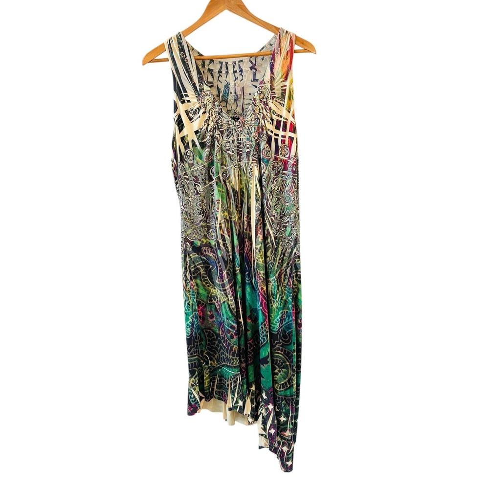 Womens Floral Maxi Dress L Boho Rhinestone Asymmetric Coastal Cowgirl Festival